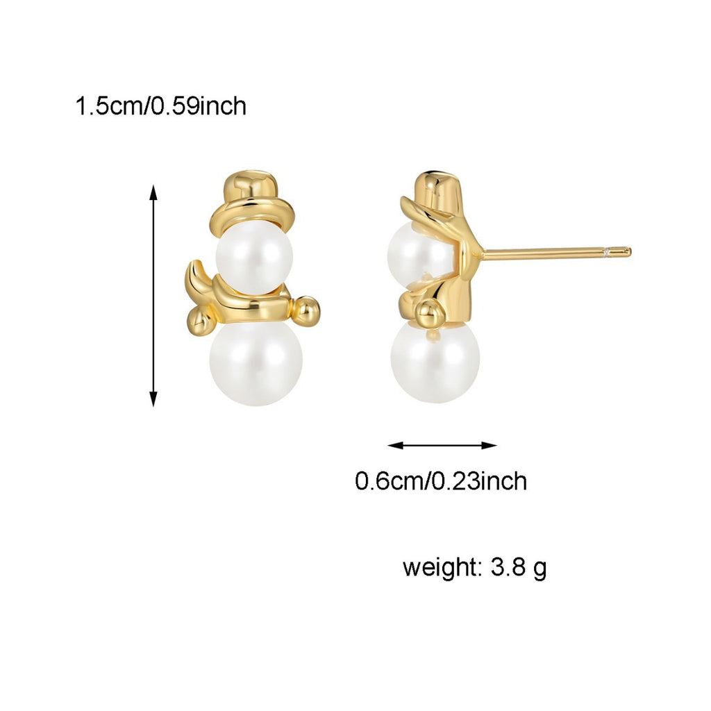 E0538 Christmas Accessories Simple Versatile Design Earrings for Women Copper Plated Real Gold Shell Pearl Snowman Shape Stud Earrings