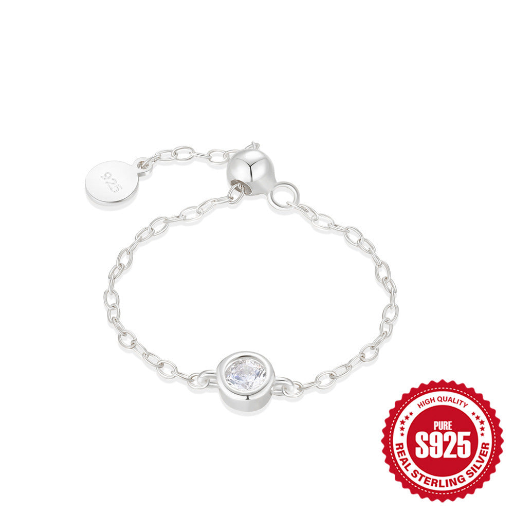 925Sterling Silver Inlaid Zircon Ring for Women Trendy Open Adjustable Chain Ring Silver Jewelry