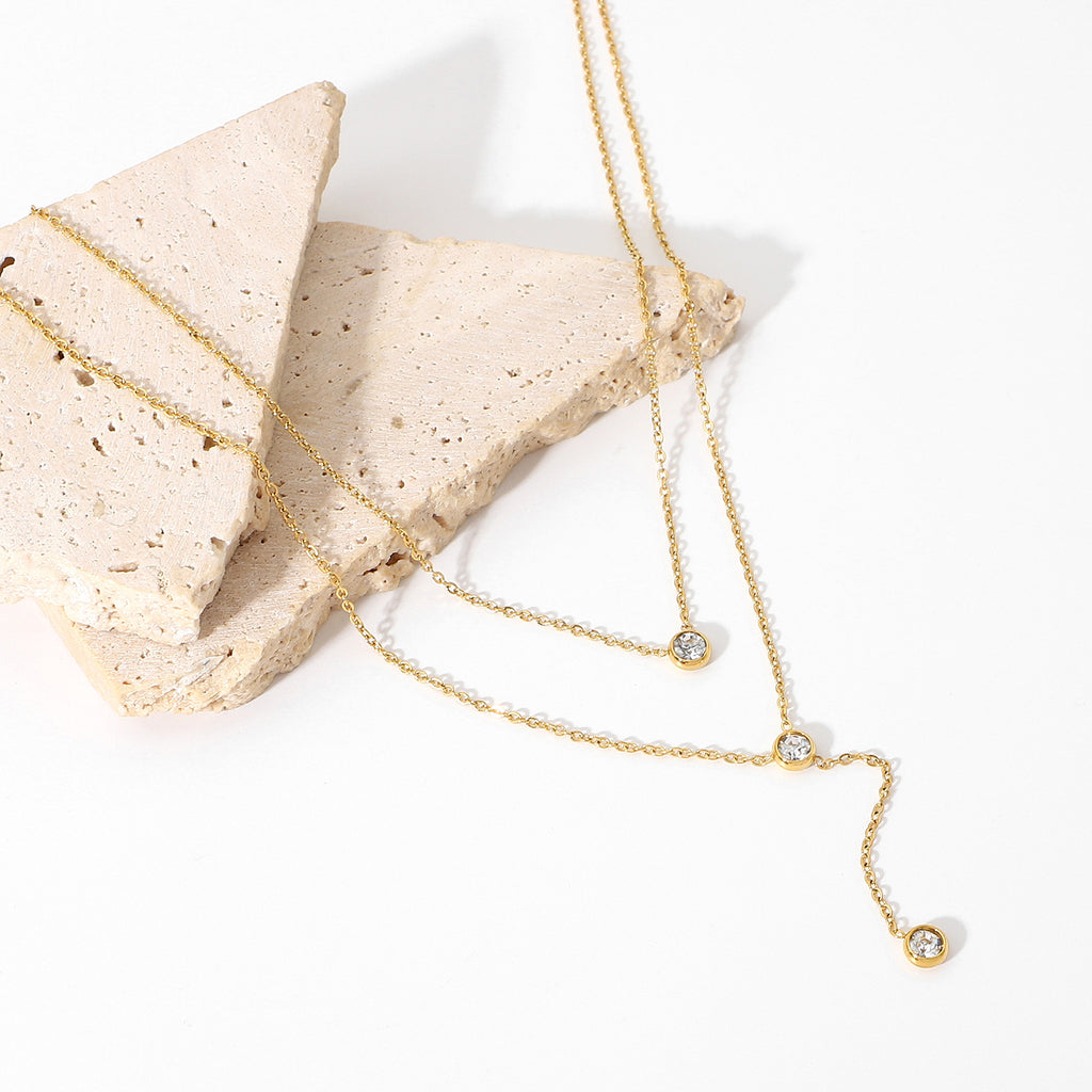 18K Gold Stainless Steel Y Exquisite Chain Jewelry Double Layer Shiny Water Drop Zircon Necklace for Women