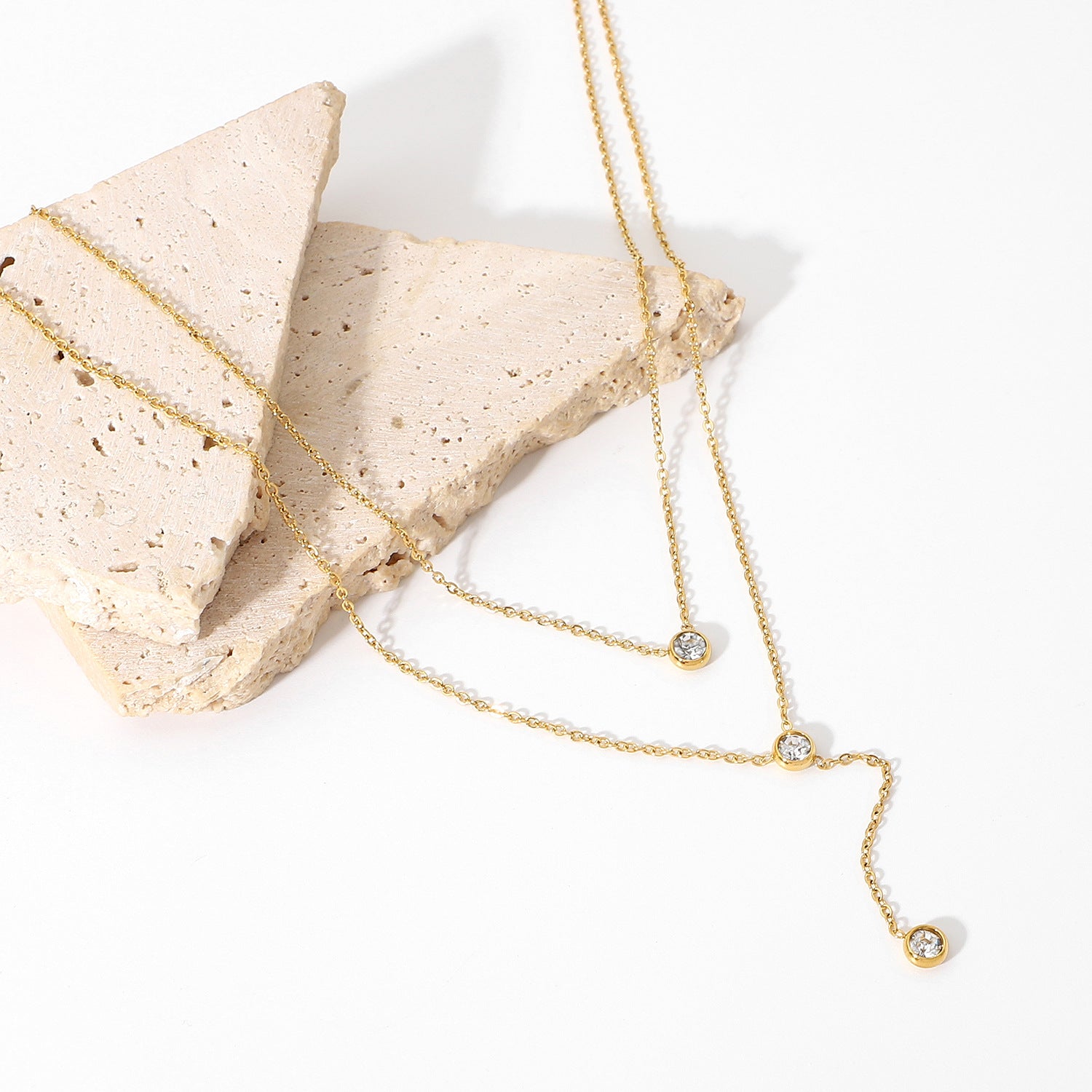 18K Gold Stainless Steel Y Exquisite Chain Jewelry Double Layer Shiny Water Drop Zircon Necklace for Women