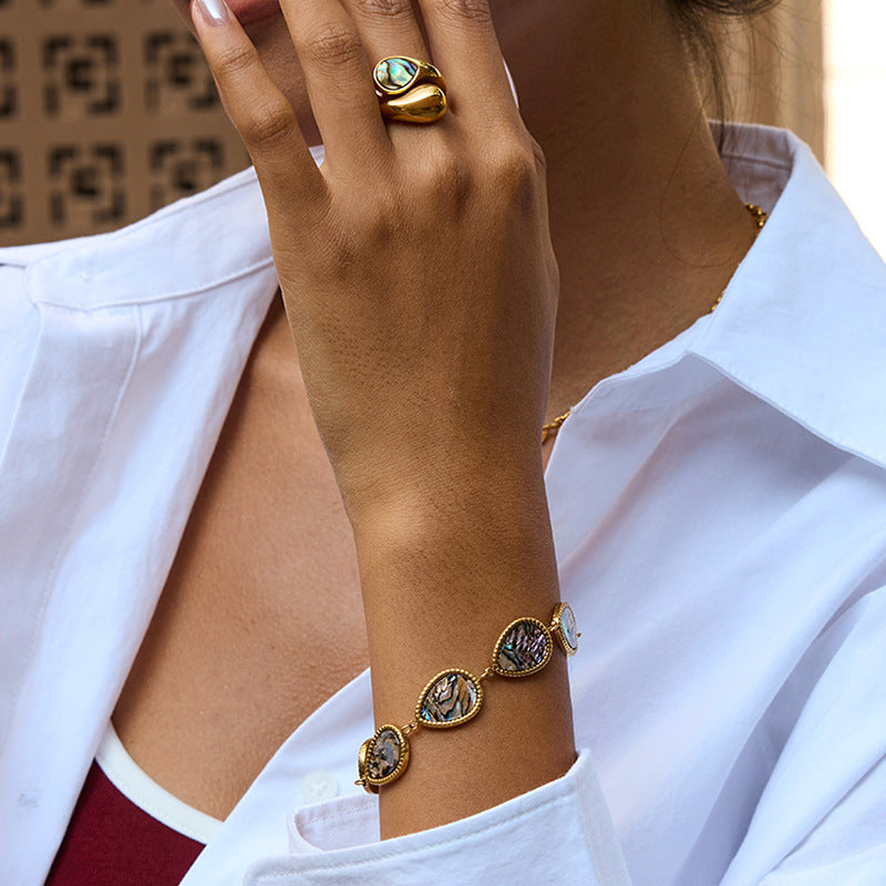 2H18K Stainless Steel Abalone Shell Bracelet Ring Non-Fading Jewelry