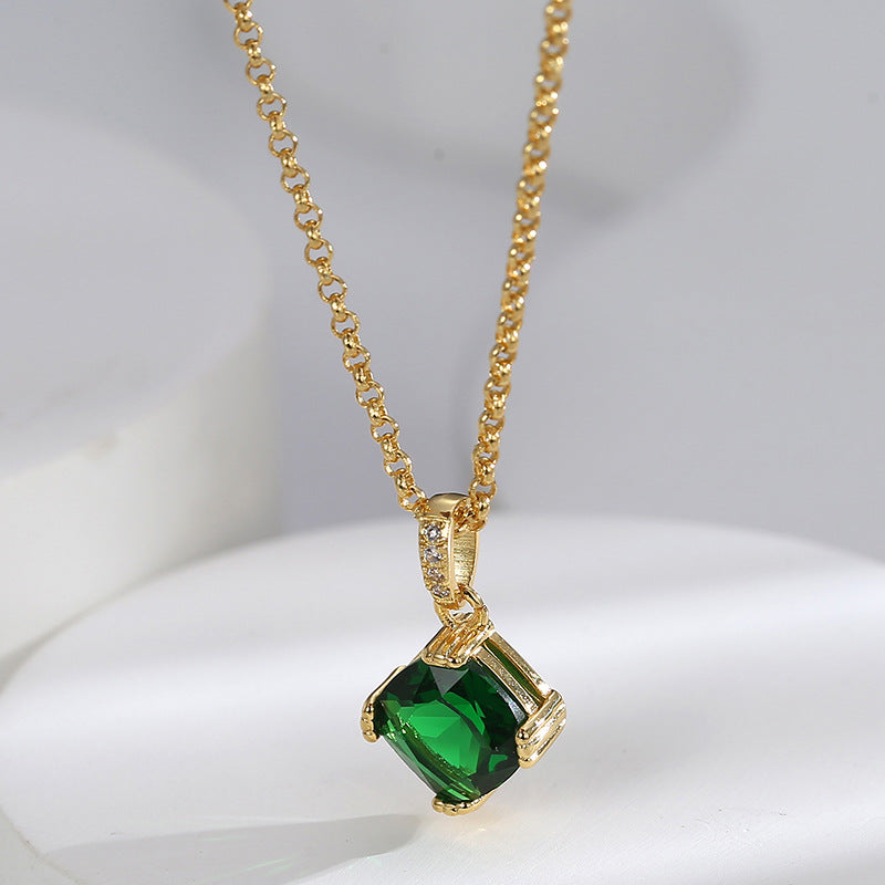 N0260 Fashion Tassel Chain Geometric Square Green Zircon Necklace for Women Micro Pave White Zircon Pendant