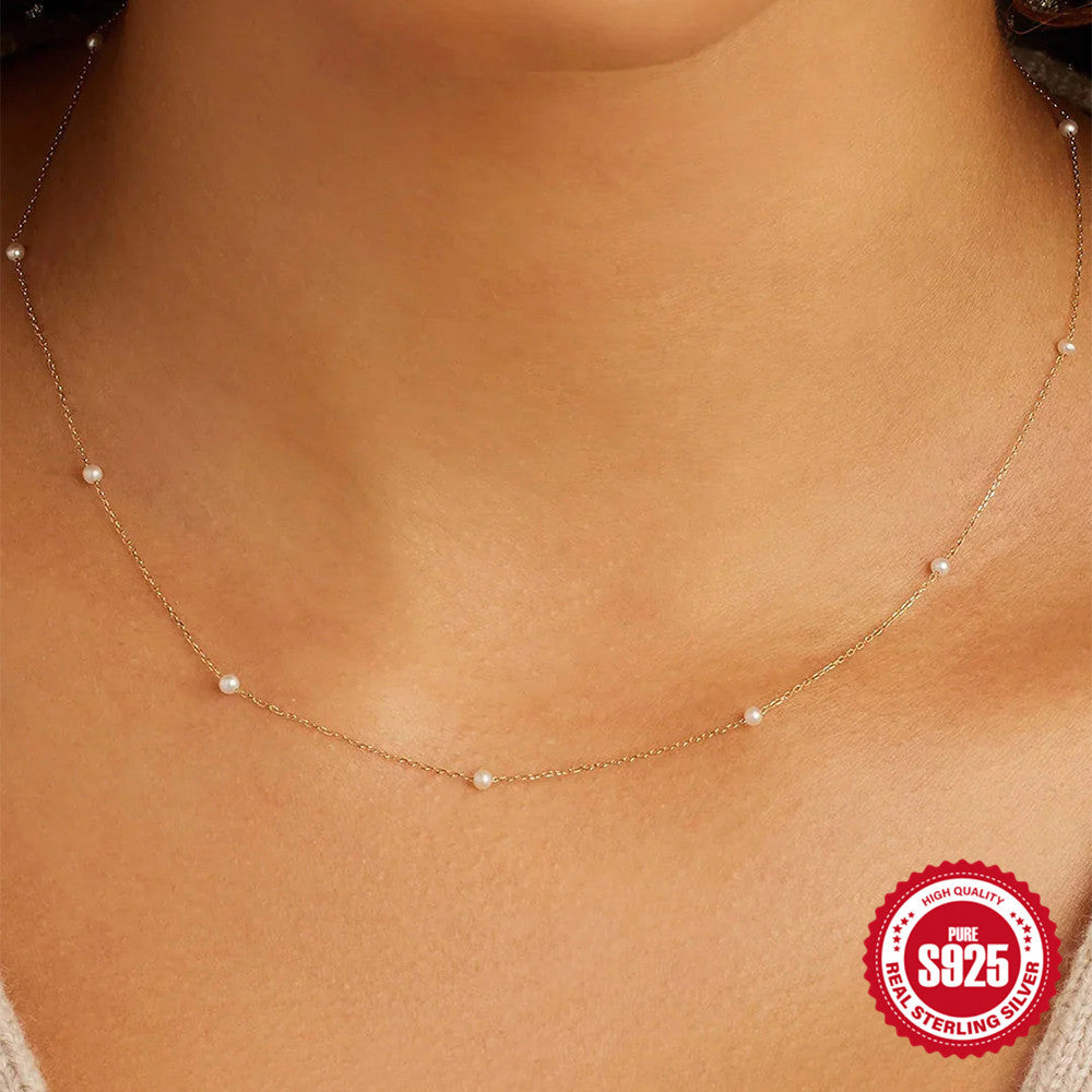 S925 Sterling Silver Pearl Layered Collarbone Necklace Korean Style