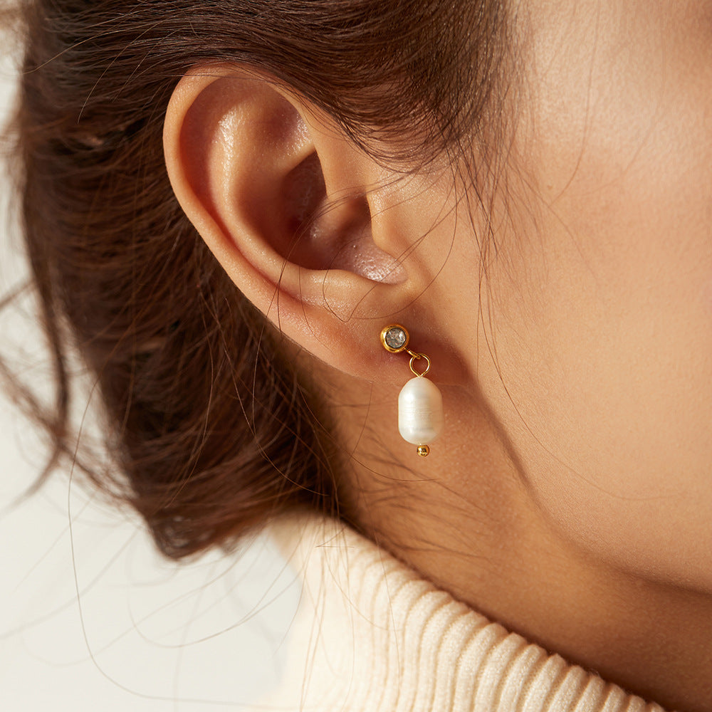 2H French Retro New Style Earrings Freshwater Pearl Hoop Earrings Stainless Steel Plating18K Gold Stud Earrings for Women