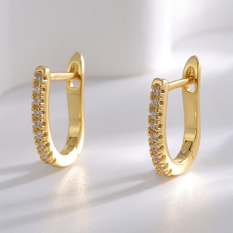 E0522 Fashionable Design Earrings for Women, Brass Gold-Plated Single Row with Zirconia U Shape Ear Clip