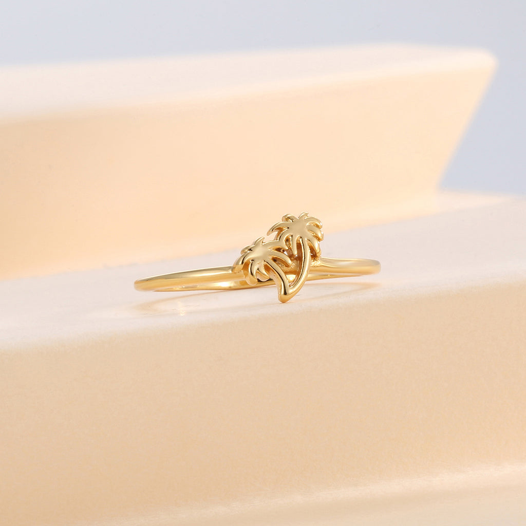R0297 Japanese and Korean Coconut Tree Design Ring for Women, Copper Plated with Real Gold, Summer Style, Simple
