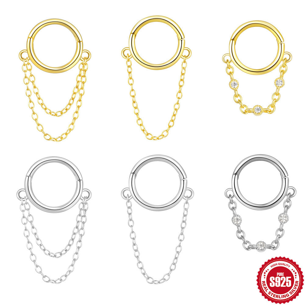 S925Pure Silver Tassel Piercing Earrings Hoop for Women Trendy Fashion Seamless Hoop Piercing Nose Ring Round Ear Cuff