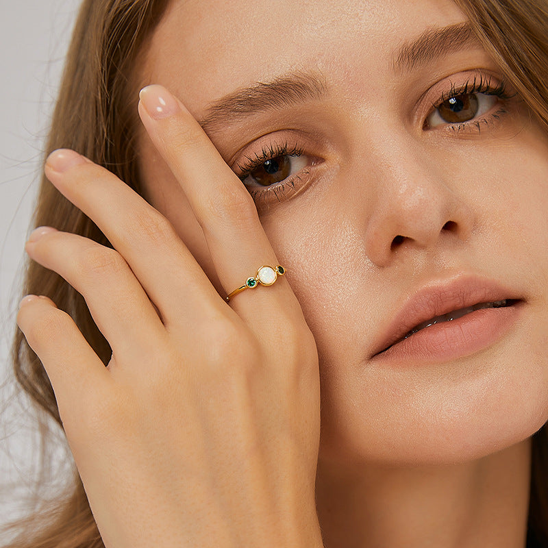 R0238 French Fashion Simple Green Zircon Joint Finger Ring for Women Iridescent Opal Ring