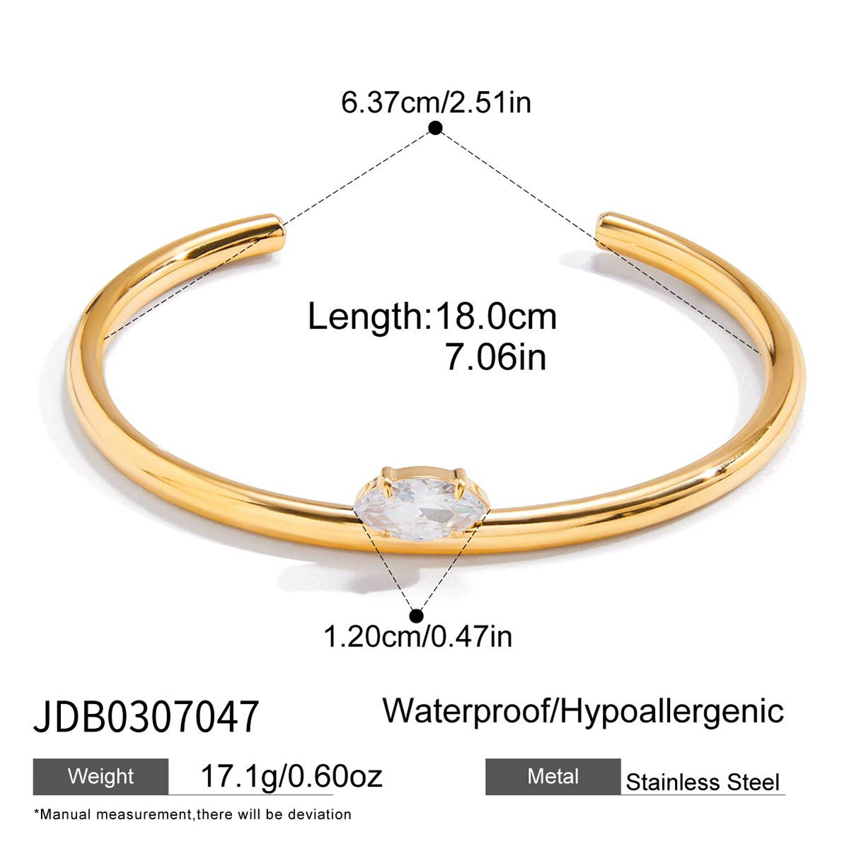 Zircon Bracelet for Women, Non-Fading Open Bangle, Stainless Steel Jewelry