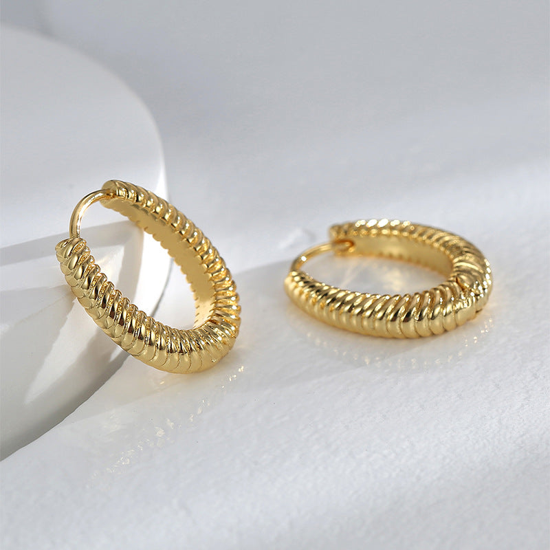 E0586 Korean Retro Fashion Design Earrings for Women, Copper Gold-Plated, Twisted Texture, Croissant Hoop Earrings