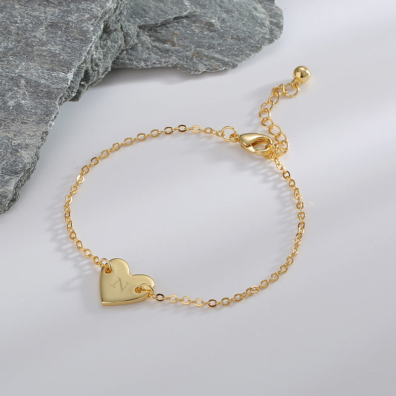 B0182  Korean Version Fashion Simple Heart-shaped Bracelet for Women gold Love Heart26Minimalist Letter Style