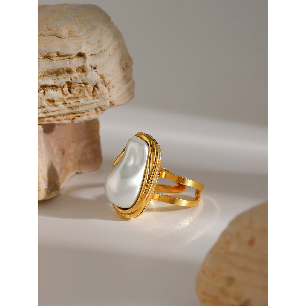 18k Gold Stainless Steel Baroque Pearl Open Ring French Elegant Retro Fashion Exquisite Pearl Ring for Women