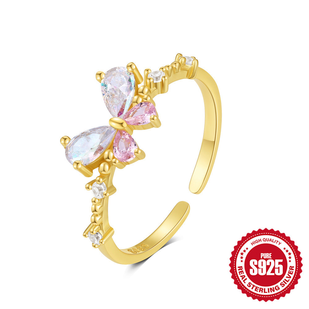 New S925Sterling Silver Bow Moon Colorful Diamond Open Ring Hot-Selling Opal Index Finger Ring