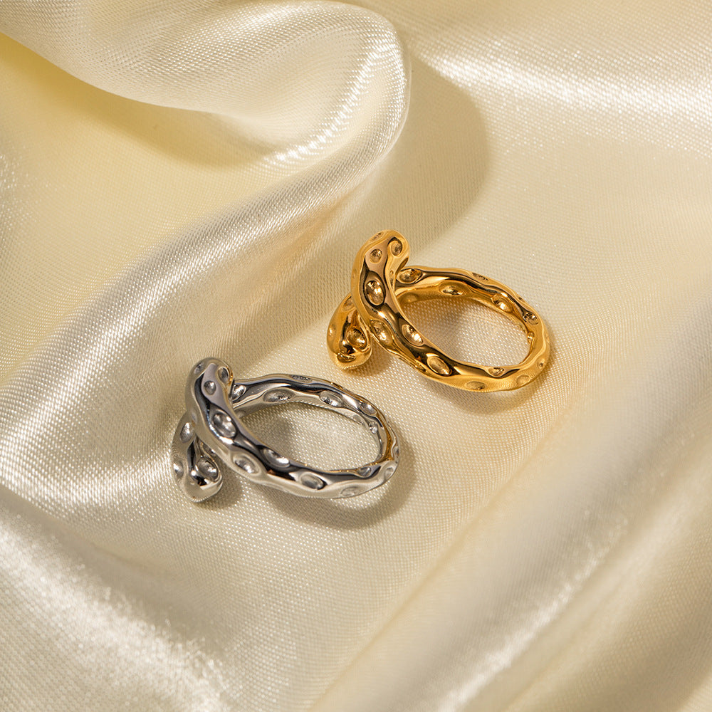 French Retro Hammered Ring Fashion Steel Color18K Gold Women's Hammered Open Ring