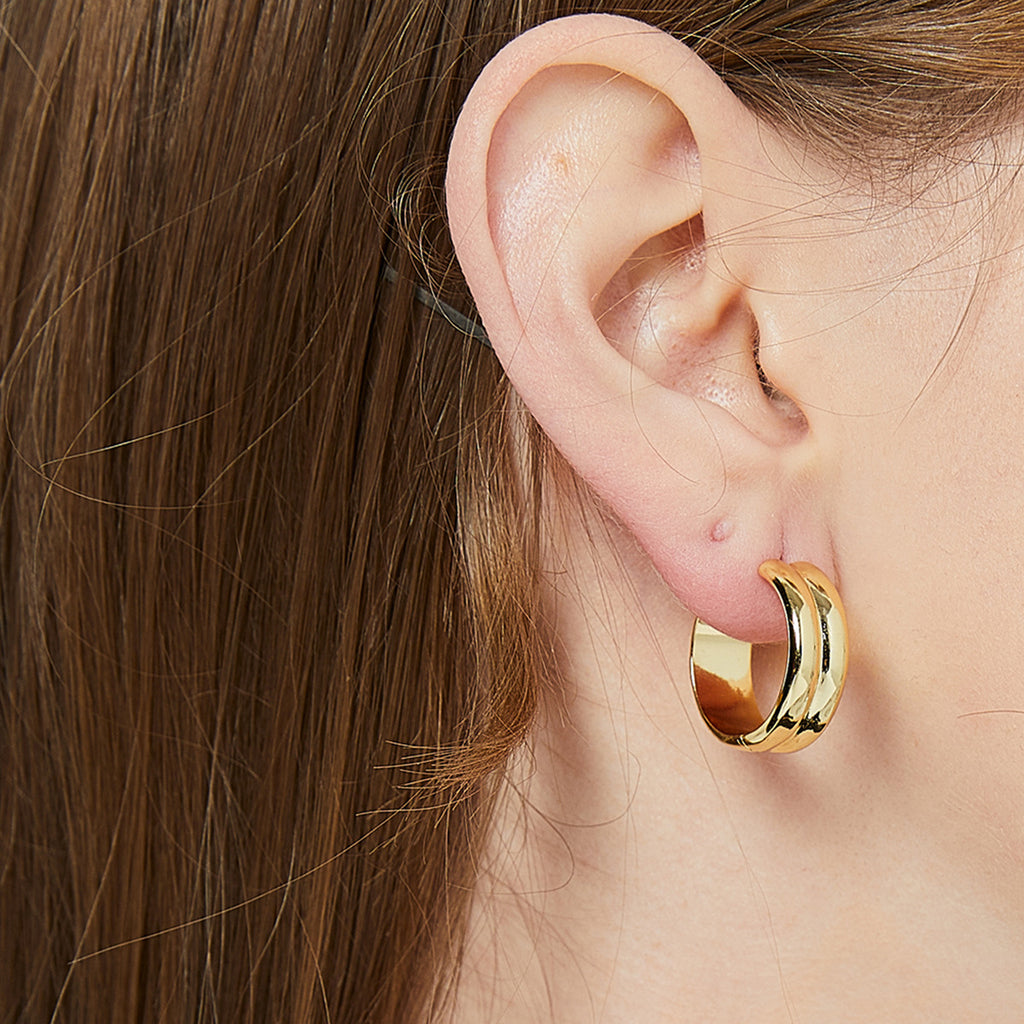 E0212 Brass Plated18K Real Gold Glossy Double Layer Earrings for Women Wide Circle Hoop Earrings