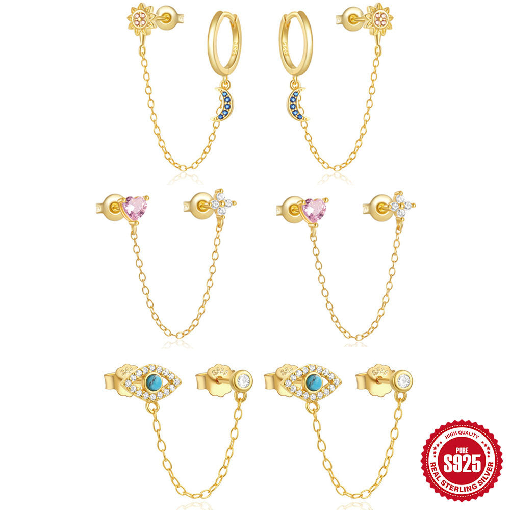 S925Sterling Silver Moon Heart Tassel Inlaid Diamond Ear Thread Hoop Earrings Stud Earrings Hot Sale Evil Eye Ear Jewelry