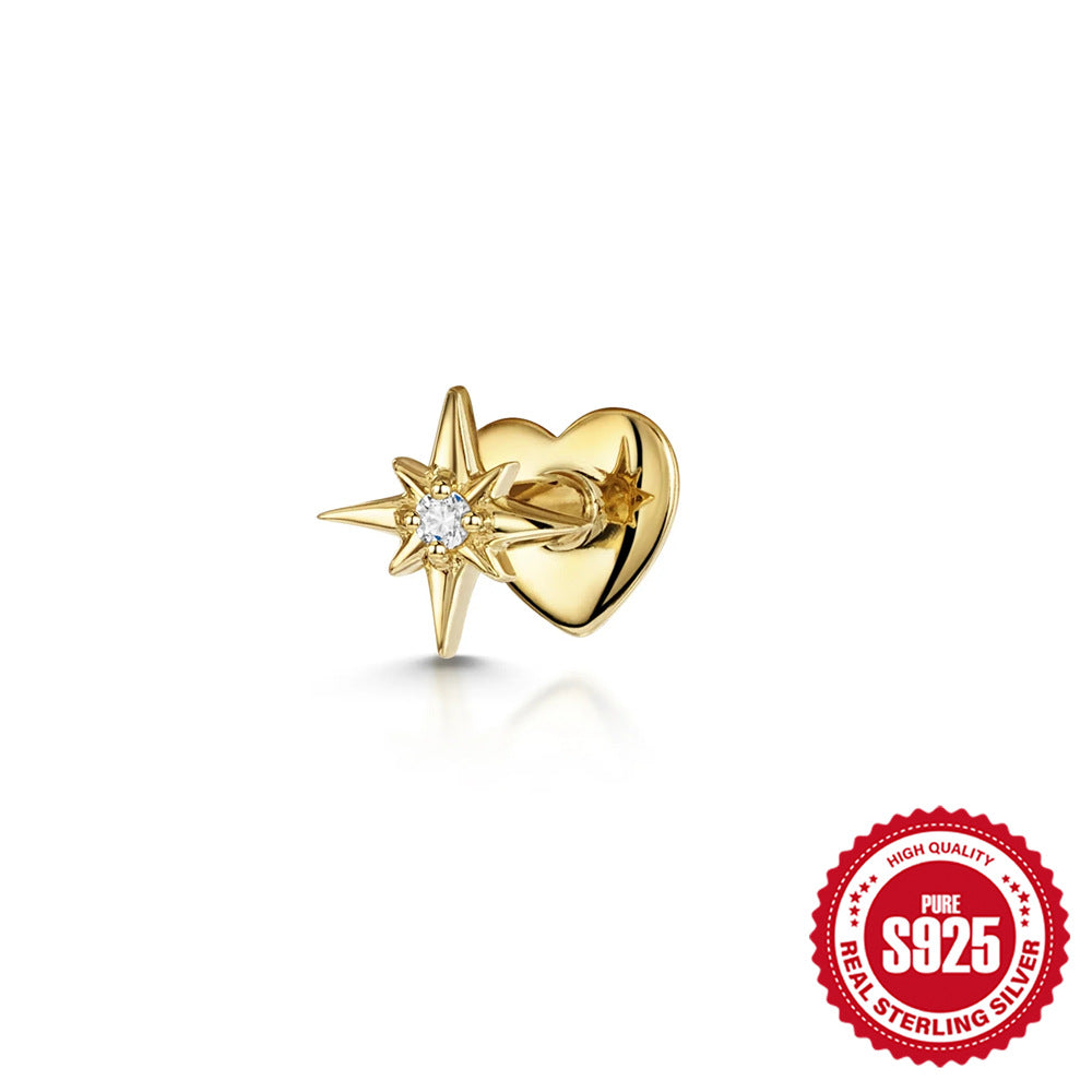 925Sterling Silver Style Inlaid Diamond Octagonal Star Heart Flat Head Soft Bone Piercing Ear Bone Stud New Threaded Earrings
