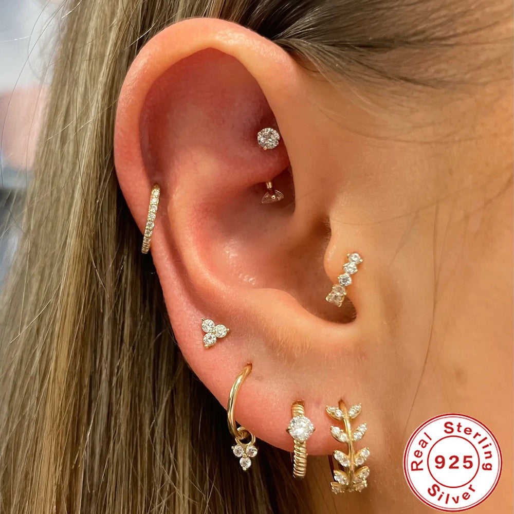 S925Sterling Silver Cartilage Piercing Diamond-Studded Hoop Earrings Ear Cuffs Ear Studs shien Hot-selling Punk Style Ear Cuff