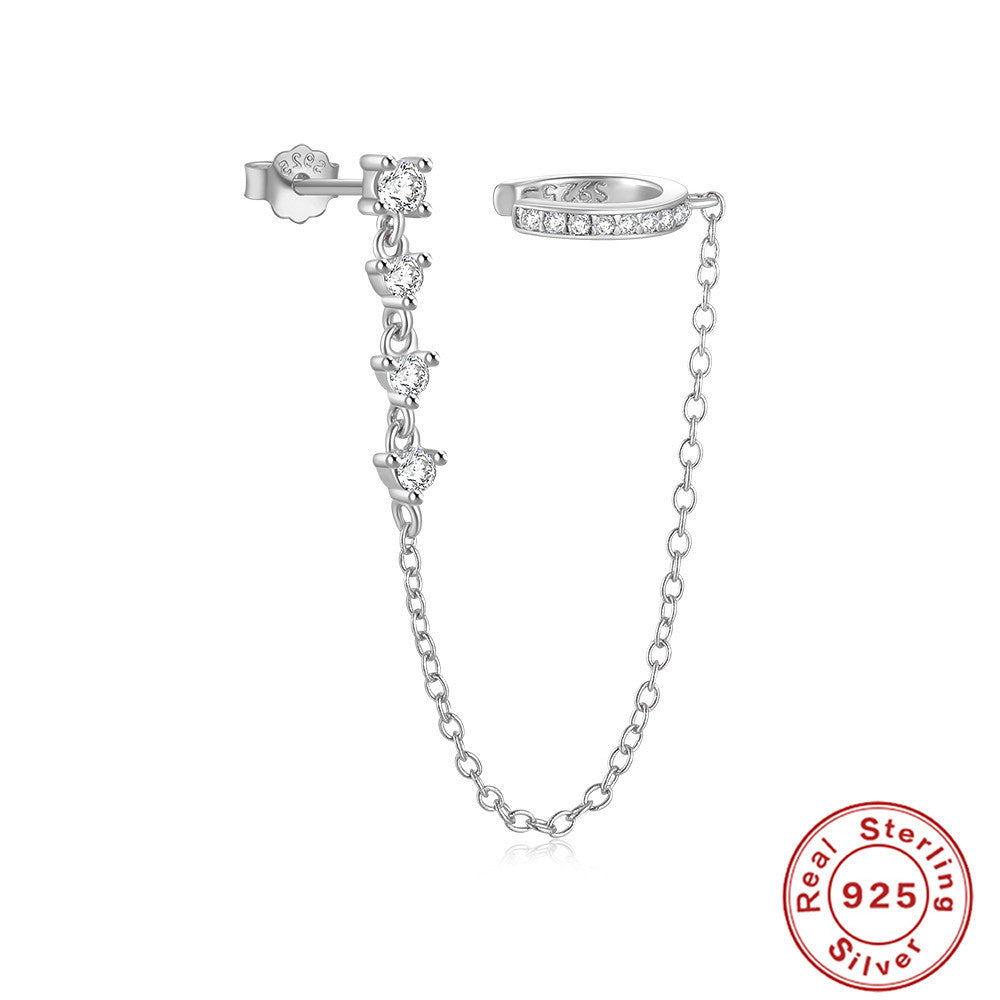 S925Sterling Silver Single Row Diamond-Studded Non-Pierced Ear Clips Tassel Single Diamond Stud Earrings Hot-Selling Earrings Jewelry