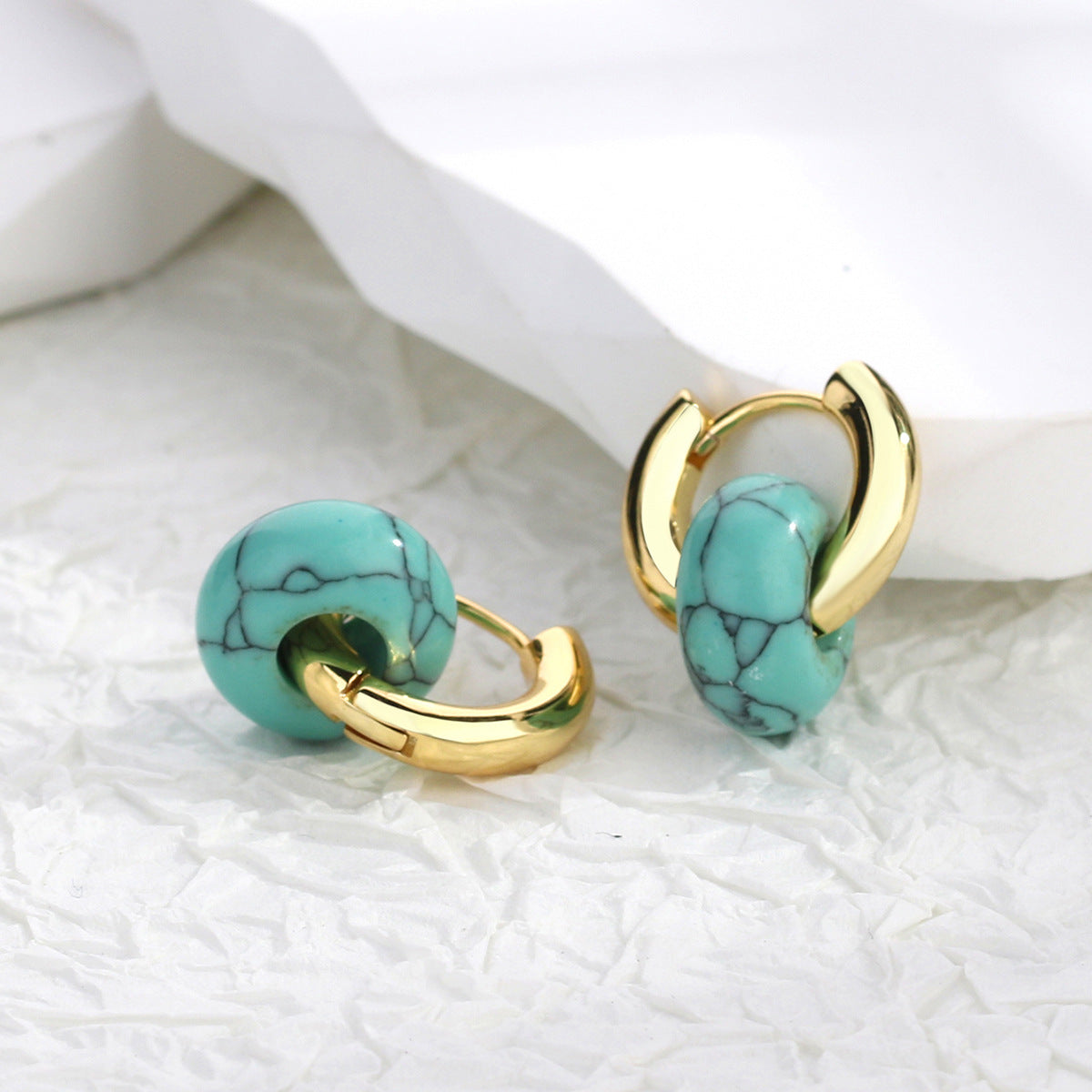 E0424 Vintage Trendy Synthetic Turquoise Earrings for Women Multicolor Stone Hong Kong Round Hoop Earrings