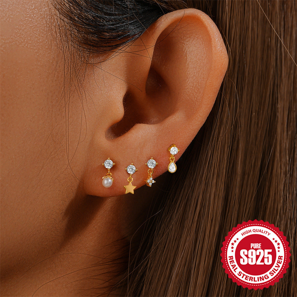 925Sterling Silver Five-Pointed Star Water Drop Inlaid Diamond Flat Head Threaded Piercing Ear Bone Stud Hot-Selling Pearl Earrings