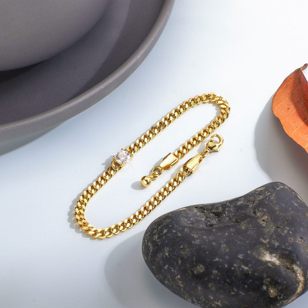 B0064Copper Inlaid Zirconia Gold-Plated Cuban Chain Bracelet for Women Classic Basic Single Diamond Simple