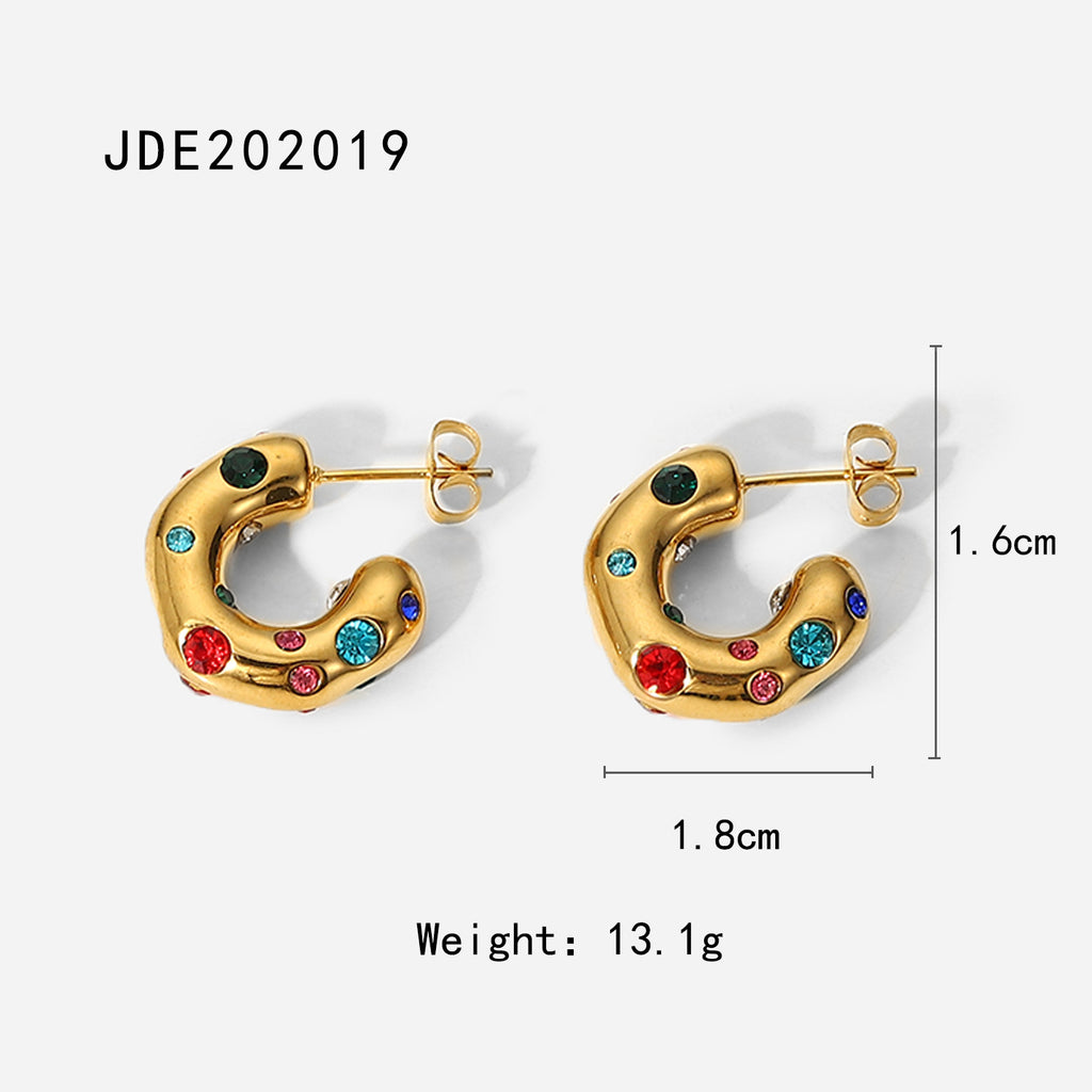 2H Fengda Brand Same Style Irregular Hammered Pattern Inlaid with Zircon and Pearl C Hoop Earrings18K Gold Stainless Steel Earrings