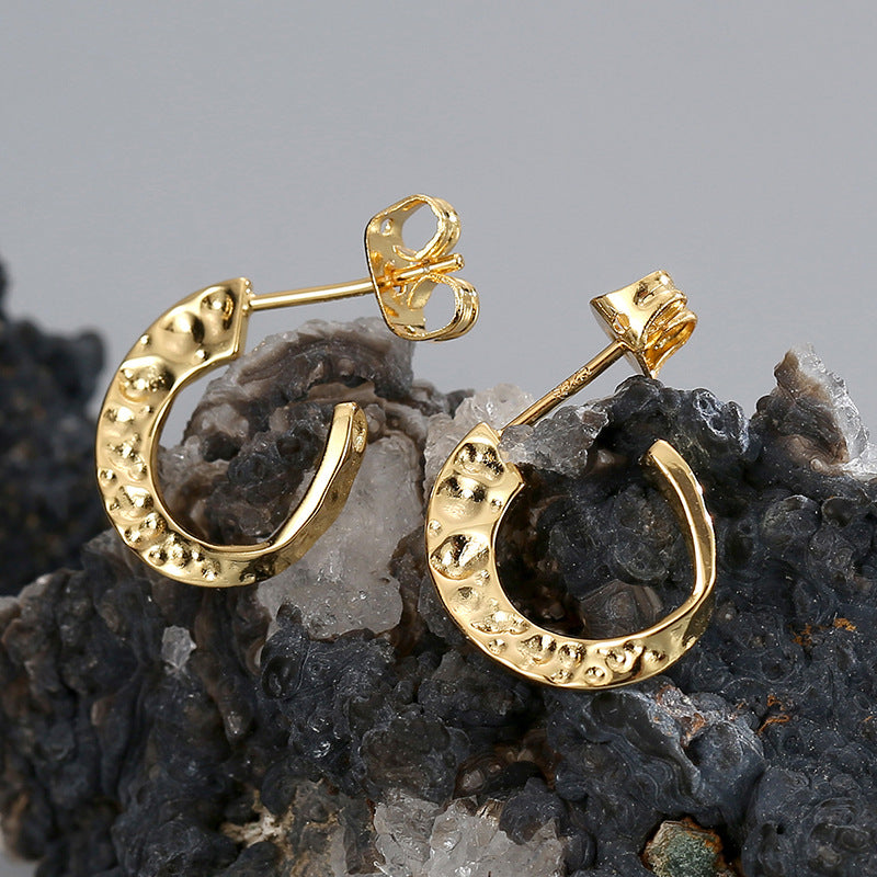 E0460 Exaggerated Design Earrings for Women, Brass Gold-Plated, Irregular Concave Shape C Shaped Earrings