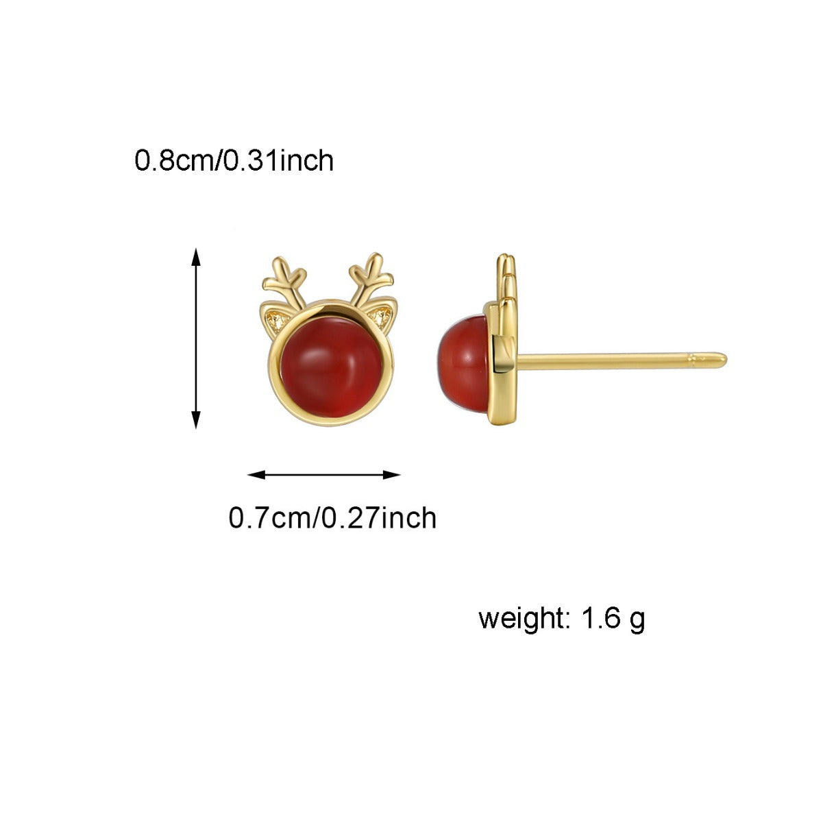 E0542 Christmas Ornaments casual Style Elk Shape Stud Earrings for Women fashion Red Agate Earrings