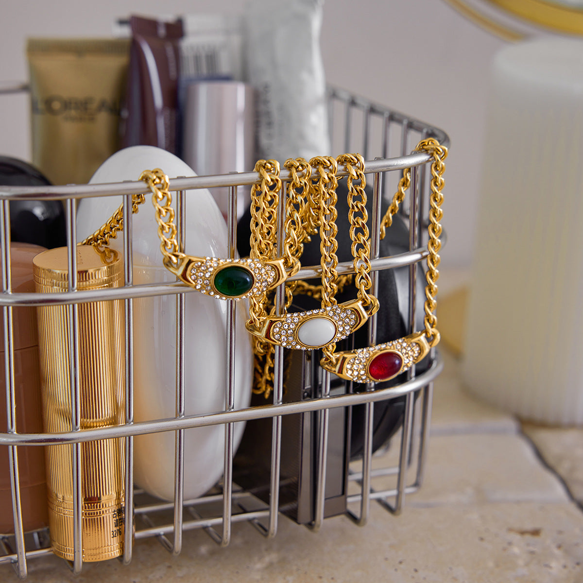 2H Stainless Steel Rhinestone Natural Stone Necklace Accessories Women's Collarbone Chain Jewelry