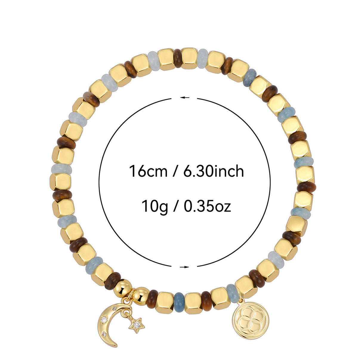 B0276 Vintage Star and Moon Inlaid Zircon Beaded Chalcedony Tiger Eye Stone Bracelet Trendy