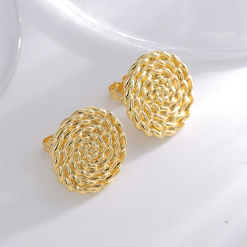 E0784 Vintage Twisted Pattern Earrings for Women, Brass Gold-Plated, Exaggerated Round Autumn Winter Style Earrings