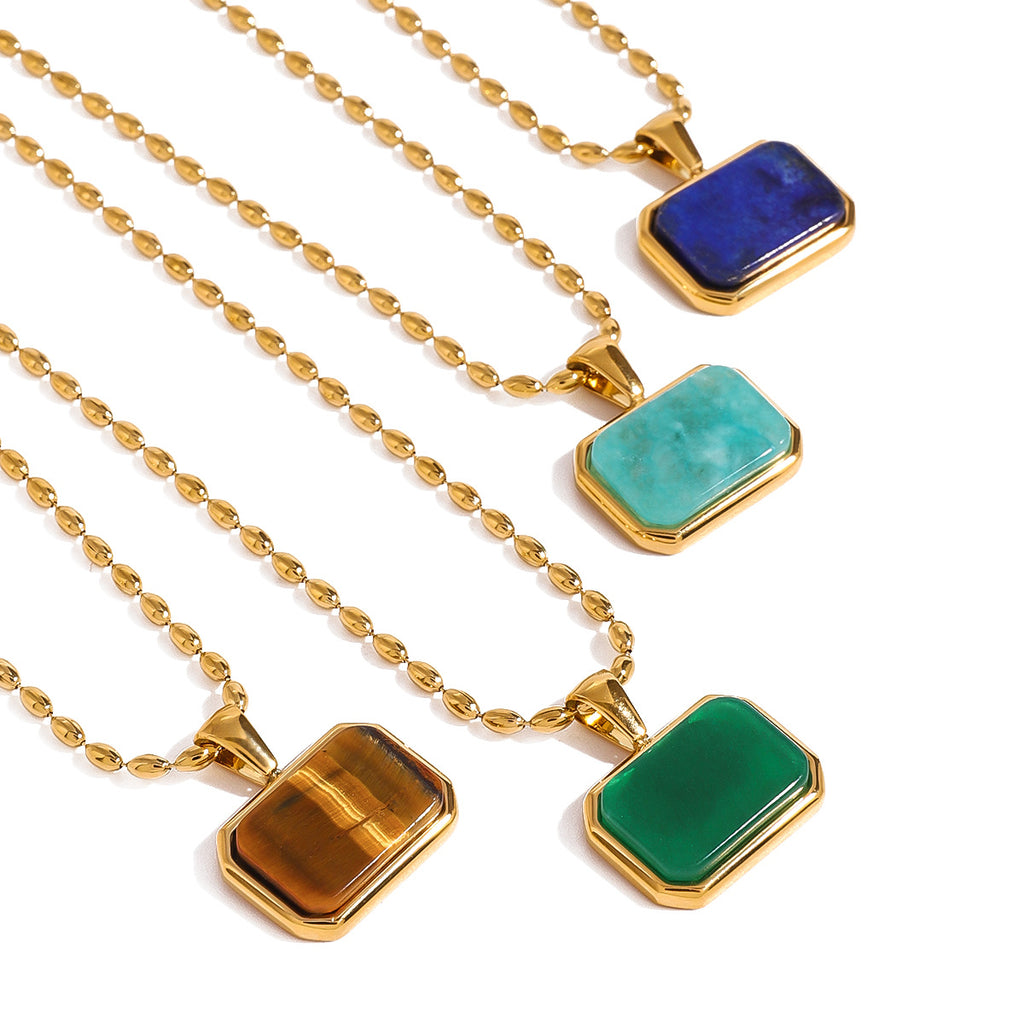 Stainless Steel Geometric Tiger Eye Natural Stone Pendant Necklace Design Sense Jewelry