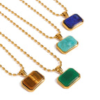 Stainless Steel Geometric Tiger Eye Natural Stone Pendant Necklace Design Sense Jewelry
