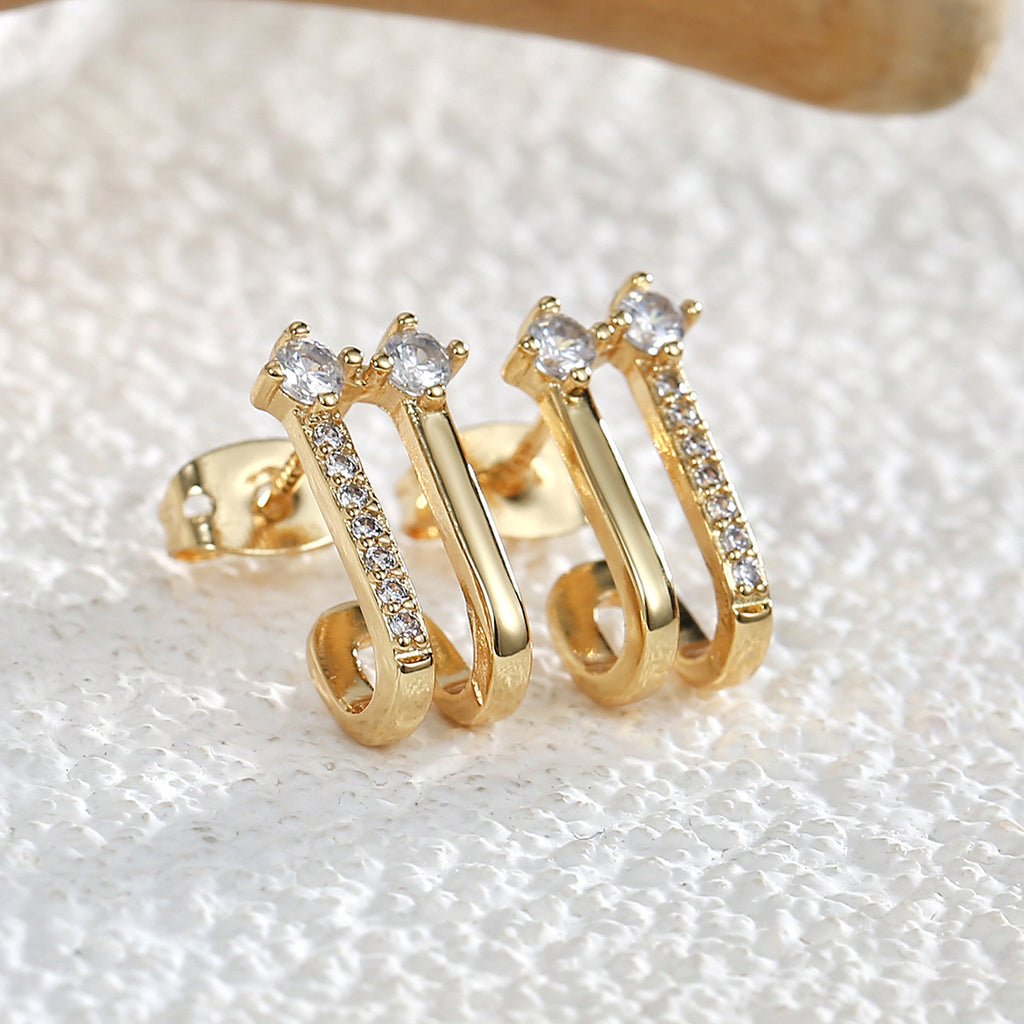 E0398 Hot-selling Copper Plated18K Real Gold Double Layer Earrings Hollow Design White Zirconia Brightening Earrings