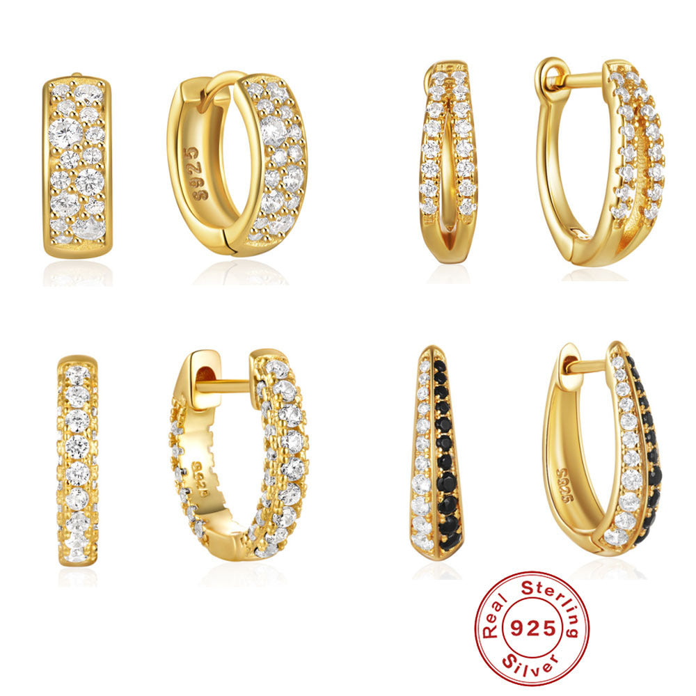 New925Sterling Silver Geometric Large and Small Diamond-Studded Hoop Earrings Classic Hot-Selling Minimalist Style Earrings