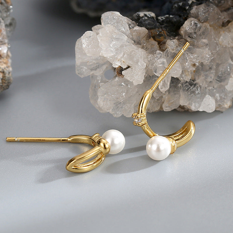 E0463 Minimalist Design Style Earrings for Women Fashion Retro Curved Shell Pearl Zircon Earrings