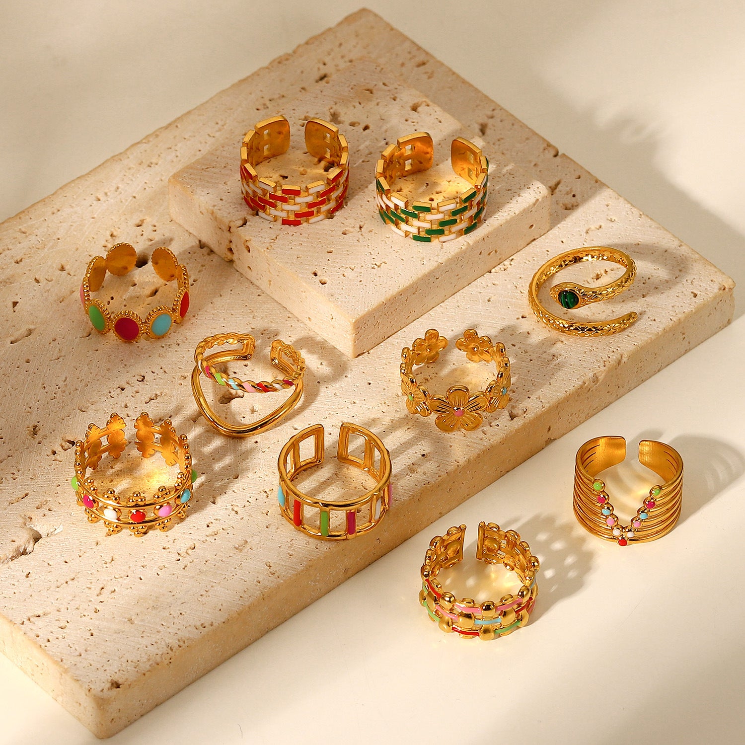 2H New 18K Gold-plated Stainless Steel Ring Women's Fashion Geometric Colorful Oil Drop Ring Jewelry