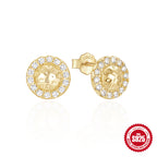 New925Pure Silver Classic Simple Round Shape C Stud Earrings with Inlaid Diamonds, Minimalist Design Sense, Korean and Japanese Style