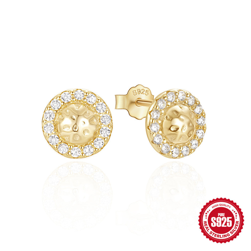 New925Pure Silver Classic Simple Round Shape C Stud Earrings with Inlaid Diamonds, Minimalist Design Sense, Korean and Japanese Style
