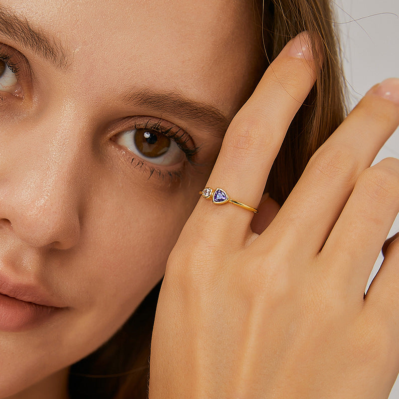 CYR0232 Brass Gold-Plated Triangle Purple Zircon Ring for Women Modern Simple Micro-Inlaid White Zircon