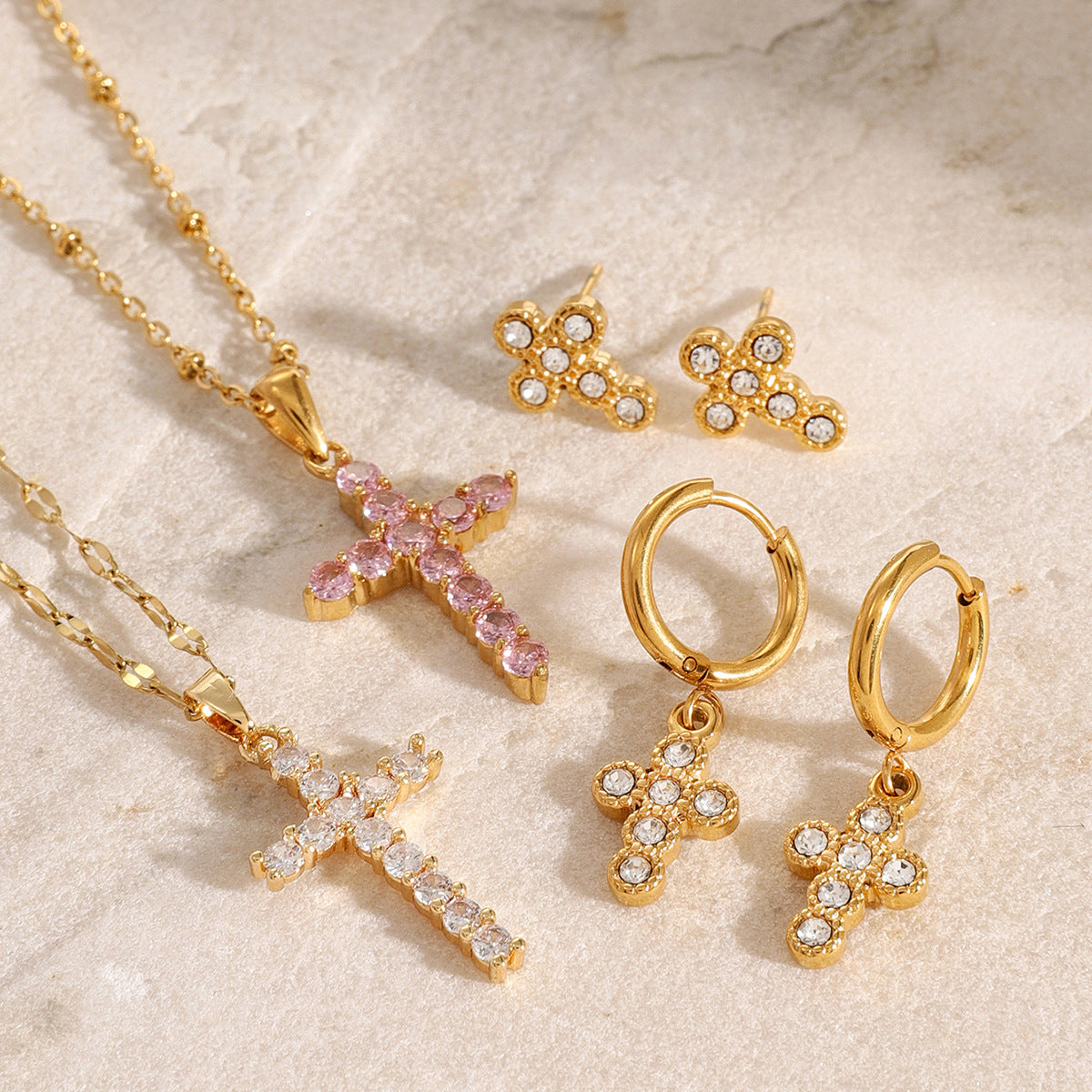 2H Stainless Steel Cross Pendant Necklace Zircon Earrings Stud Earrings Jewelry