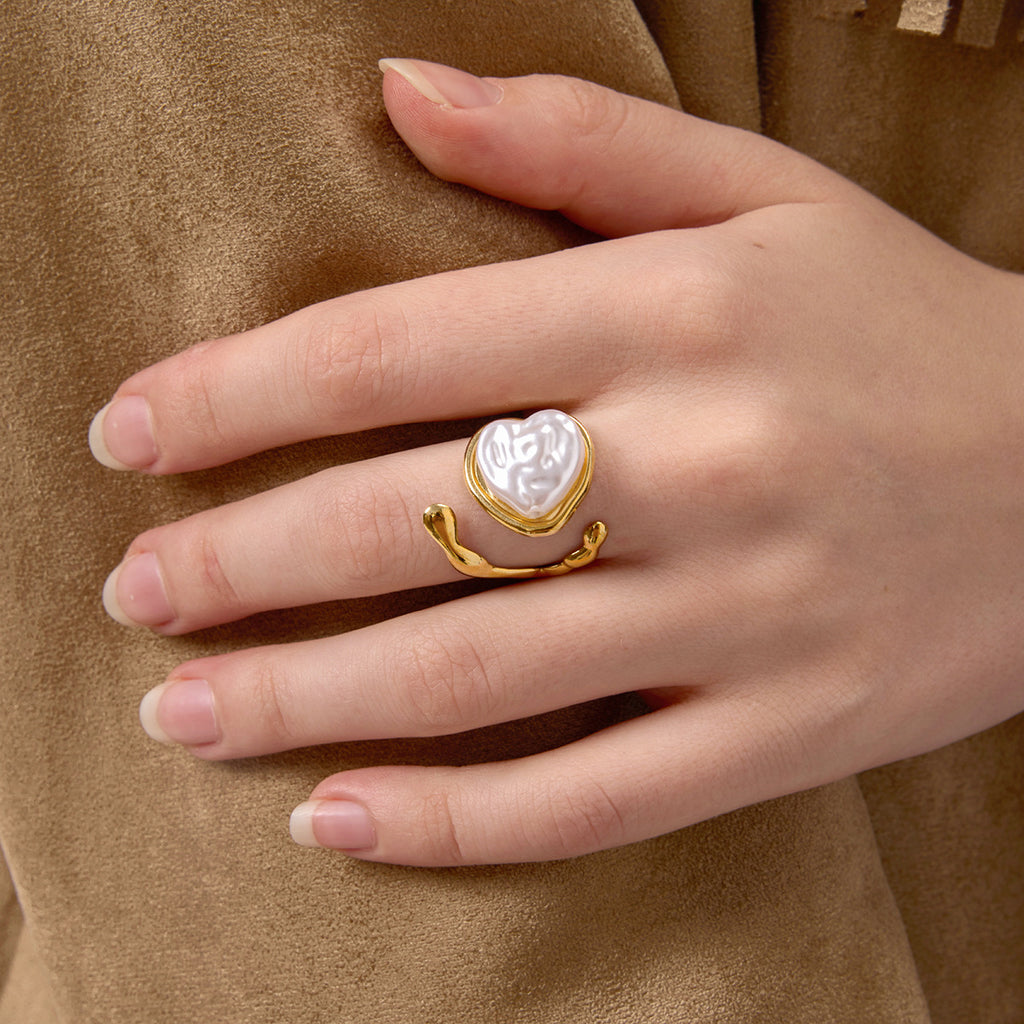 2H Imitation Pearl Heart Ring Non-Fading Stainless Steel Jewelry
