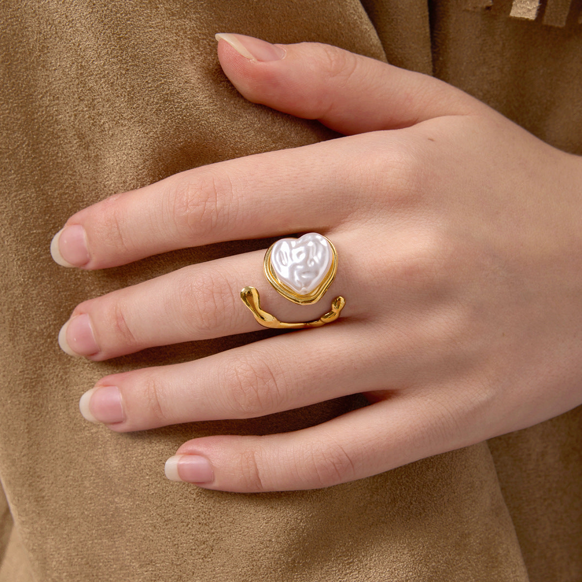 2H Imitation Pearl Heart Ring Non-Fading Stainless Steel Jewelry