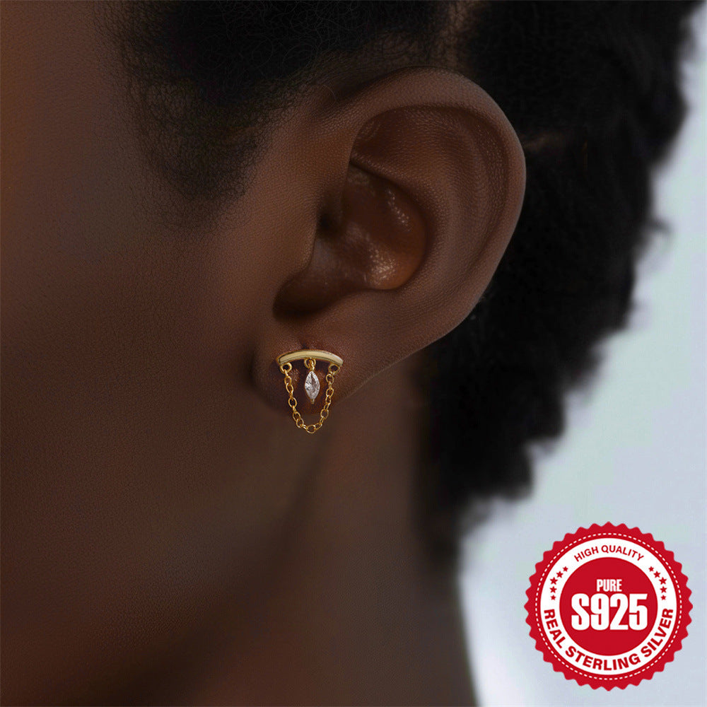 S925Sterling Silver Tassel Soft Bone Horse Eye Zircon Piercing Earrings Hot Selling Moon Ear Bone Stud for Women