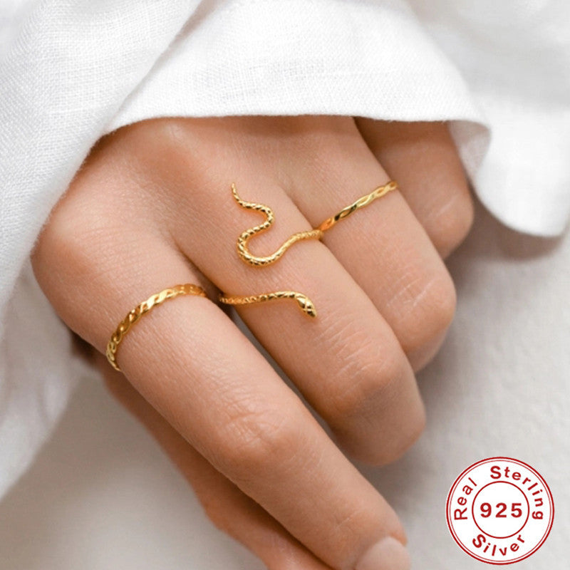 S925Sterling Silver Fun Smooth Snake Index Finger Ring Simple Snake Pattern Trendy18K Gold Open Ring