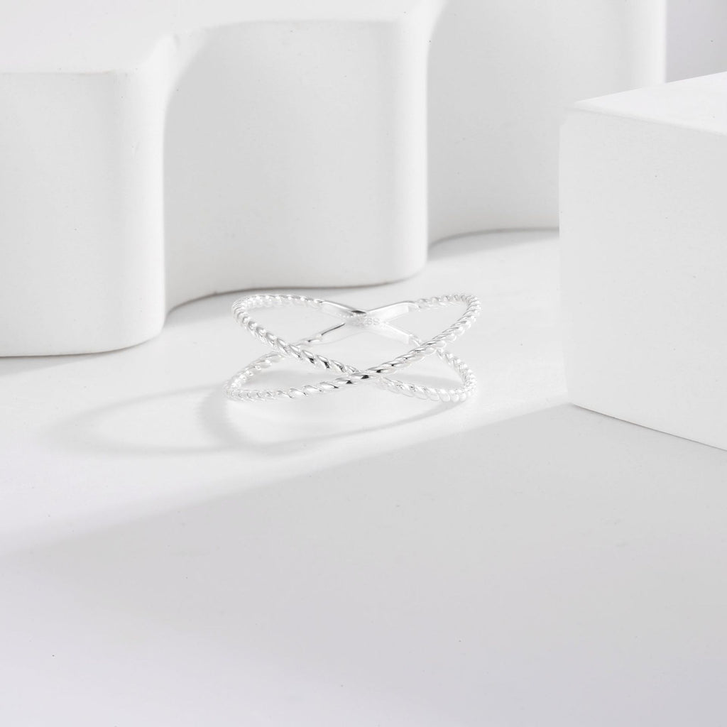 SR0046 S925Silver Double Ring Double Circle Line X Minimalist Ring Design