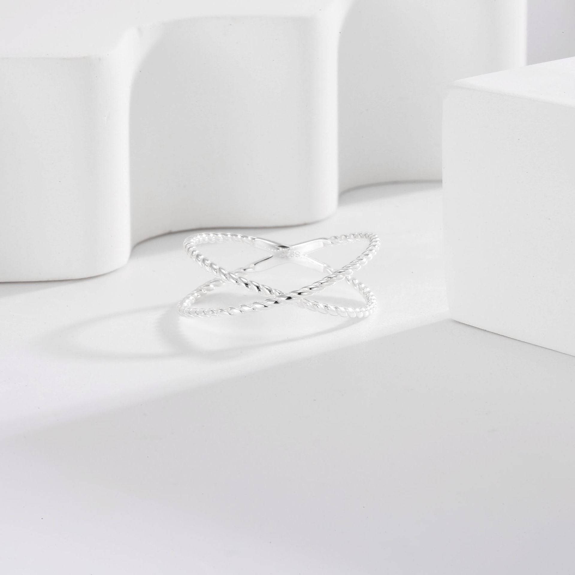 SR0046 S925Silver Double Ring Double Circle Line X Minimalist Ring Design