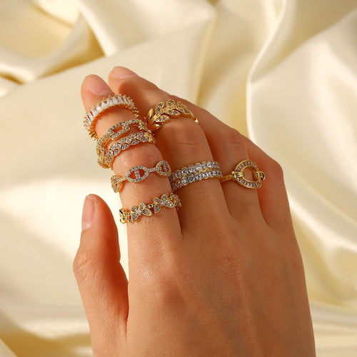 18K Gold-Plated Brass Geometric CZ Adjustable Ring with cubic zirconia design details