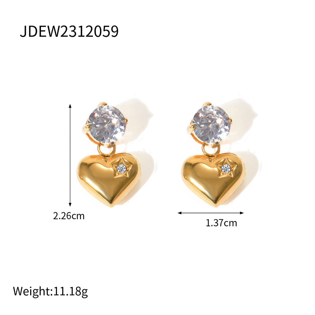 Minimalist Geometric Series 18K Gold Stainless Steel Smooth Zircon Heart Pendant Earrings Jewelry
